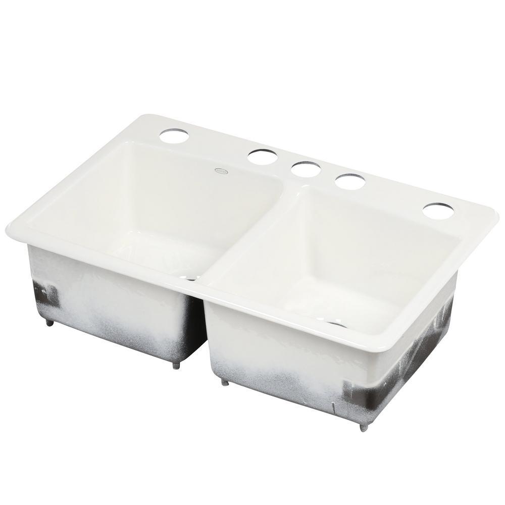 Brookfield Undermount Cast Iron 33 in. 5-Hole Double Bowl Kitchen Sink in White - Super Arbor