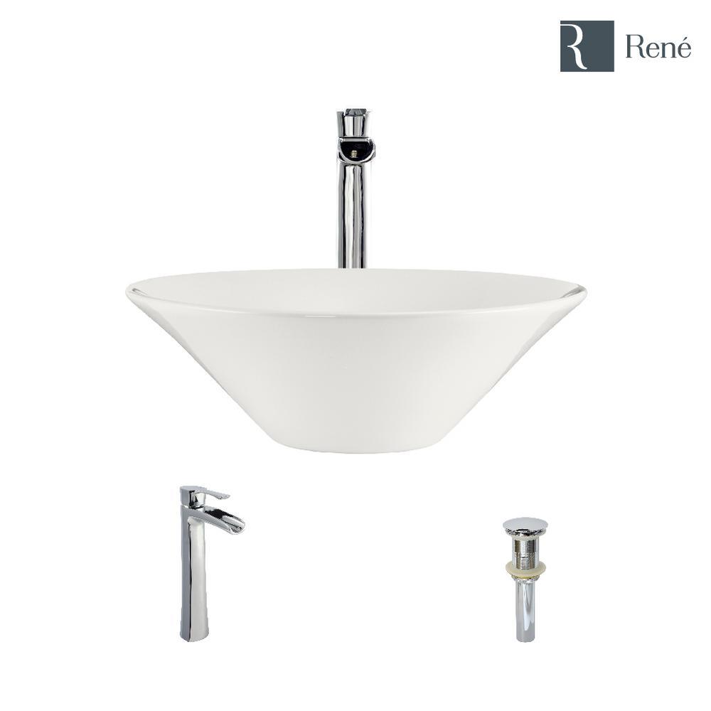 Porcelain Vessel Sink in Biscuit with 7007 Faucet and Pop-Up Drain in Chrome - Super Arbor