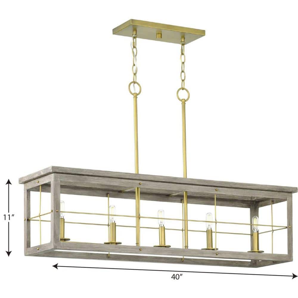 Progress Lighting Hedgerow Collection 5-Light Aged Oak Farmhouse Linear Island Chandelier Light