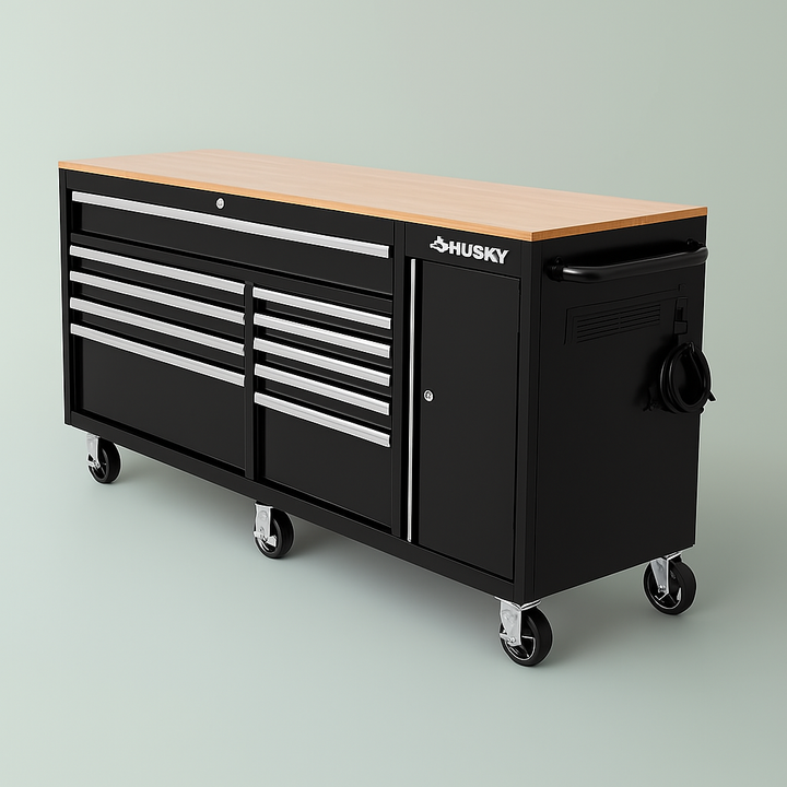 Husky 72 in. 10-Drawer Black Mobile Workbench Cabinet with Solid Wood Top