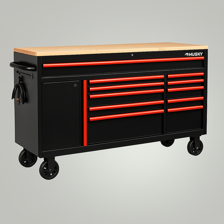 Husky Limited Edition 61 in. W x 23 in. D 11-Drawer Black Mobile Workbench Cabinet with Solid Wood Top and Red Trim