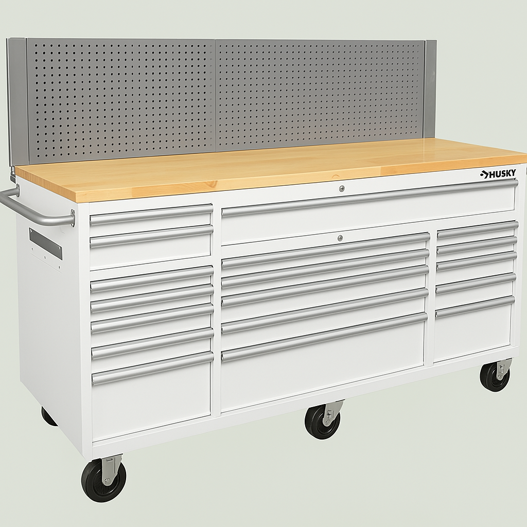 Husky 72" Mobile Workbench with Solid Wood Top and Pegboard
