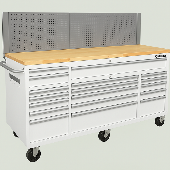 Husky 72" Mobile Workbench with Solid Wood Top and Pegboard