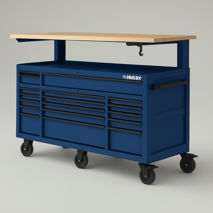 Husky 72-inch Heavy-Duty Adjustable Mobile Workbench with Solid Wood Top