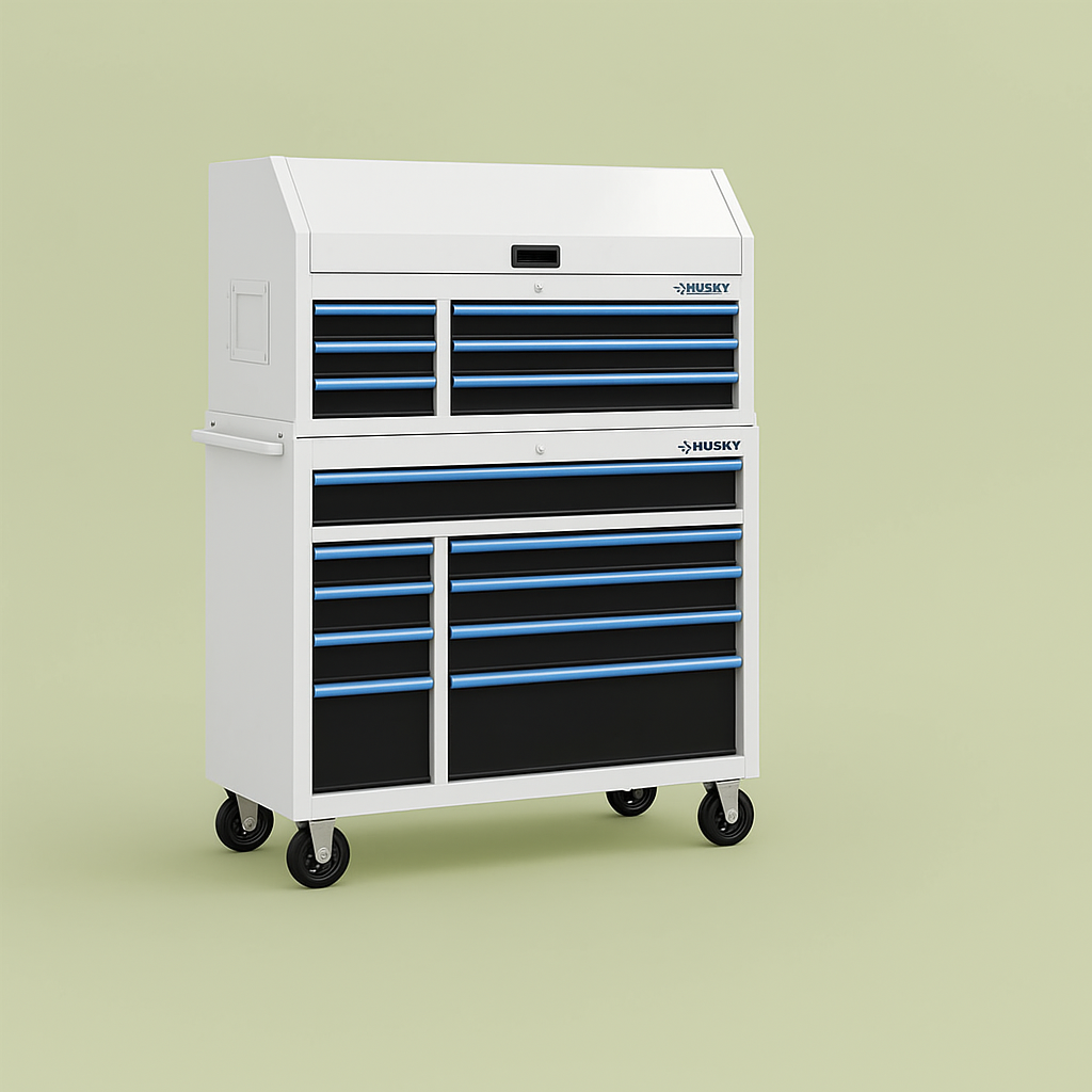 Husky Heavy-Duty 52 in. 15-Drawer White Tool Chest Combo and Rolling Cabinet with LED Light