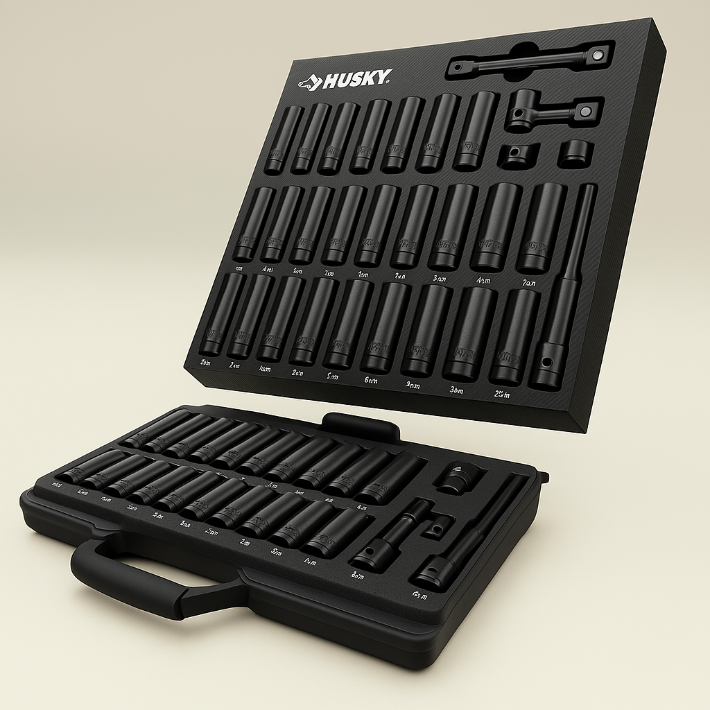 Husky 50-Piece Impact Socket Set with EVA Storage Trays, Cr-Mo Steel, SAE/Metric, Deep Impact Sockets