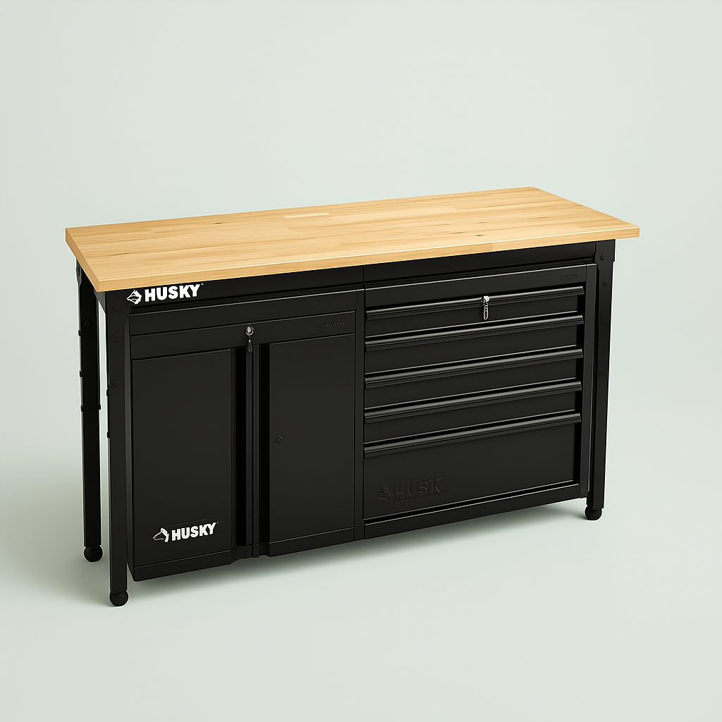 Husky 76 in. Adjustable Height Black Workbench with Solid Wood Top and Power Strip