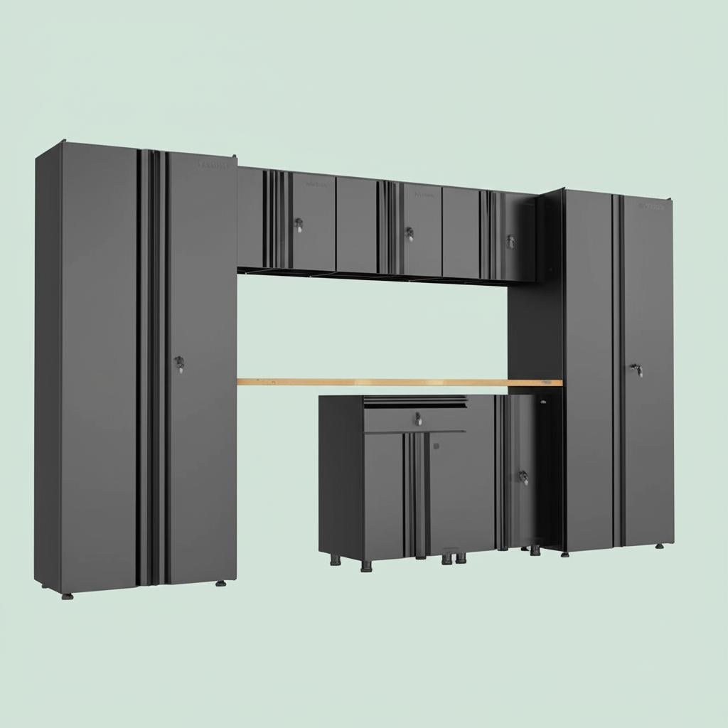 Husky 8-Piece Regular Duty Welded Steel Garage Storage System, Black, 133 in. W x 75 in. H x 19.6 in. D