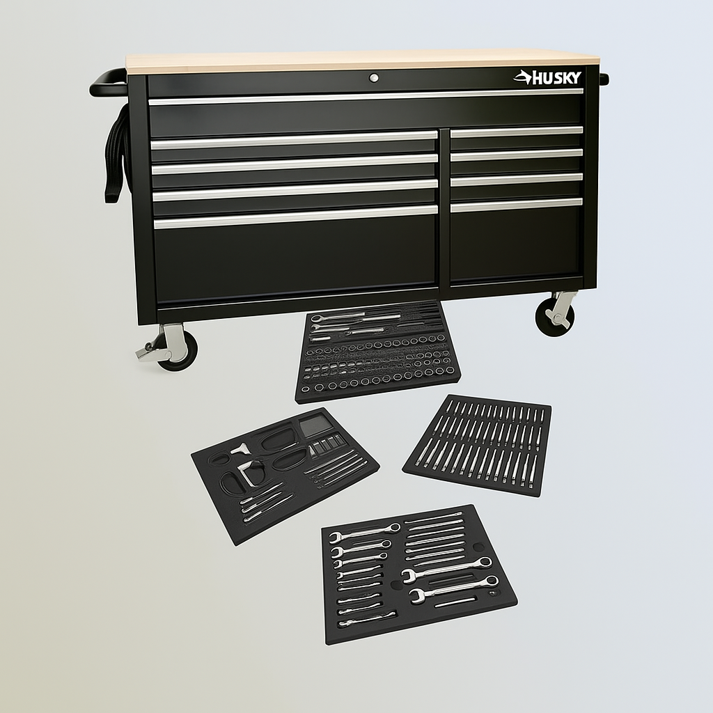 Husky 52 in. 9-Drawer Gloss Black Mobile Workbench Tool Chest with 320-Piece Mechanics Tool Set