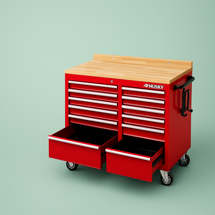 Husky 52 in. 9-Drawer Gloss Red Mobile Workbench Tool Chest with Mechanics Tool Set in Foam