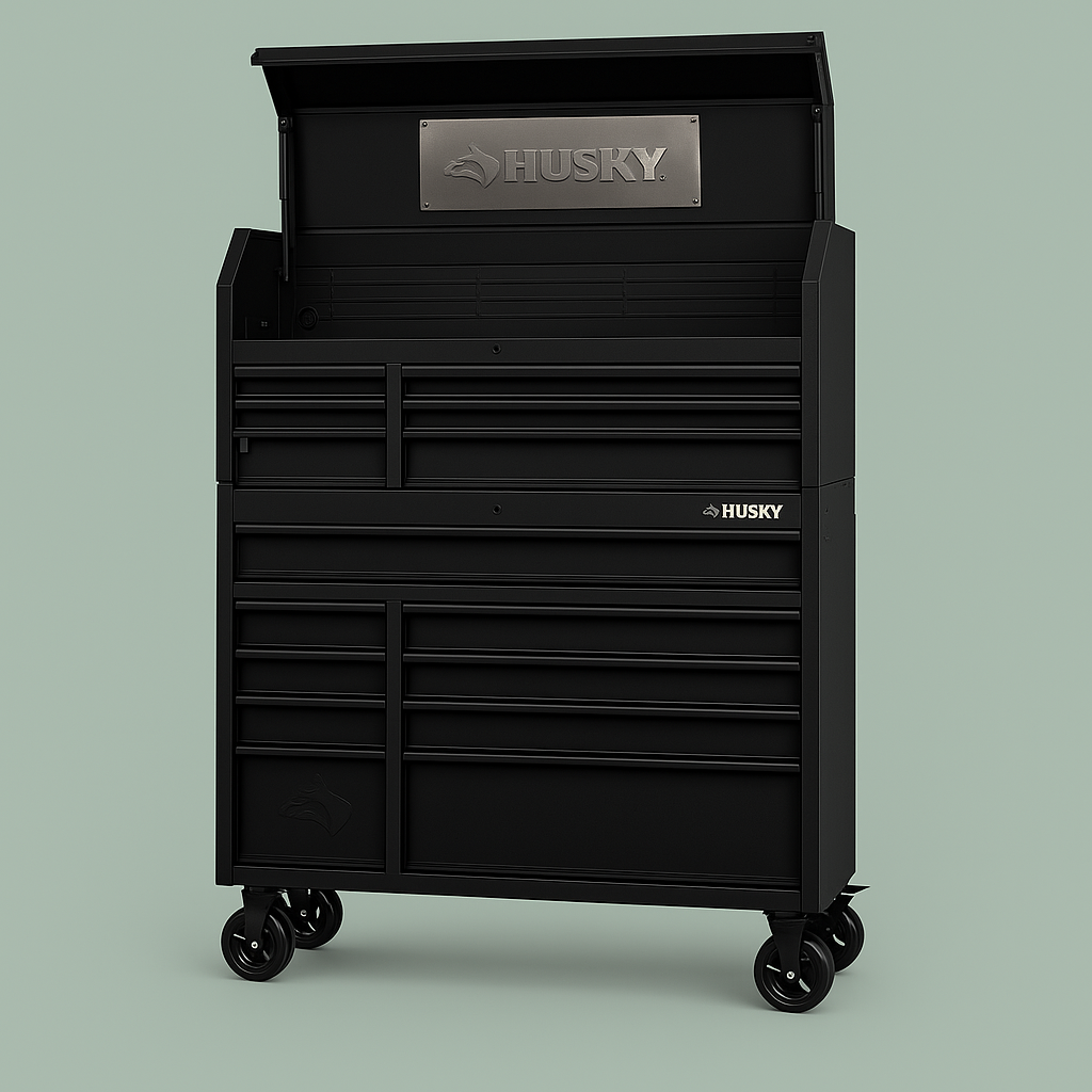 Husky 52 in. W x 21.5 in. D Heavy Duty 15-Drawer Combination Rolling Tool Chest Top Tool Cabinet with LED Light, Matte Black