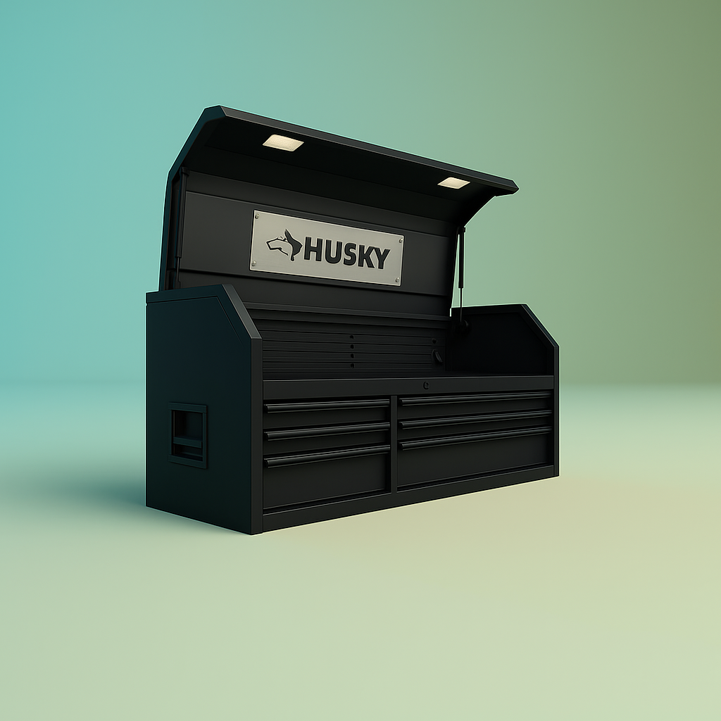 Husky Industrial 52 in. W x 21.5 in. D 6-Drawer Tool Chest with Pull-out Work Surface and LED Light, Matte Black