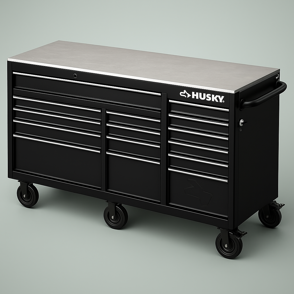 Husky Heavy-Duty 72 in. 15-Drawer Mobile Workbench Tool Chest with Stainless Steel Top, Matte Black, Dual Locks