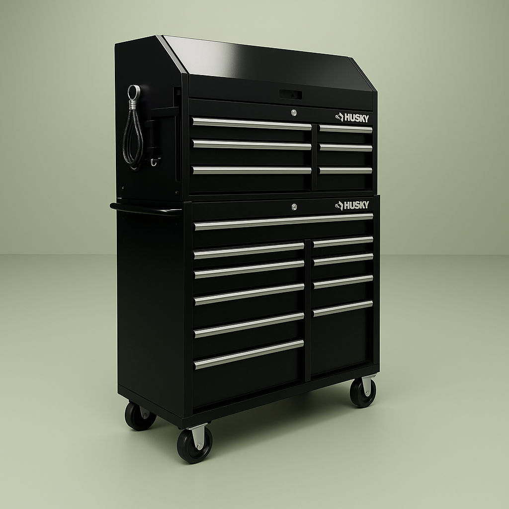 Husky 41 in. W 12-Drawer Deep Combination Tool Chest and Rolling Cabinet Set in Gloss Black with Side Table