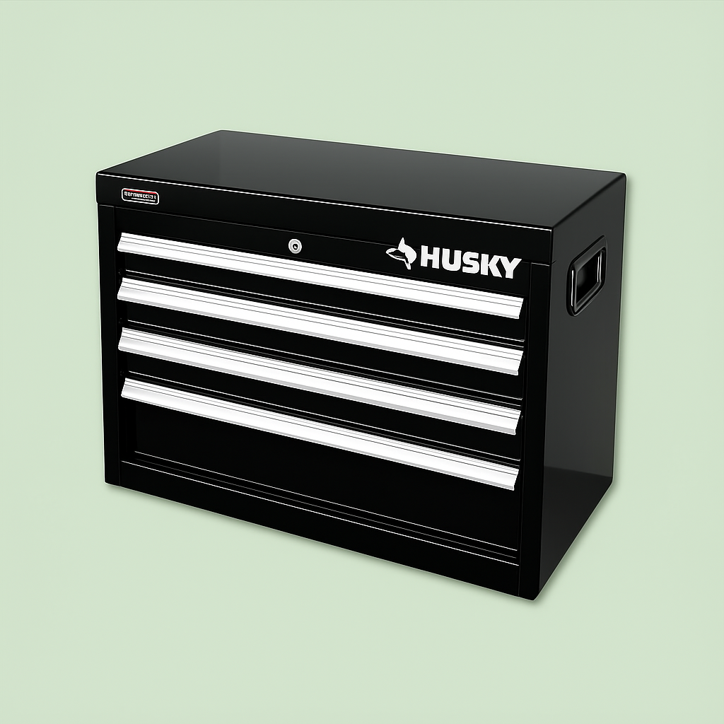 Husky 26 in. W 4-Drawer Tool Chest in Gloss Black – Metal, Lockable, Ball-Bearing Drawers