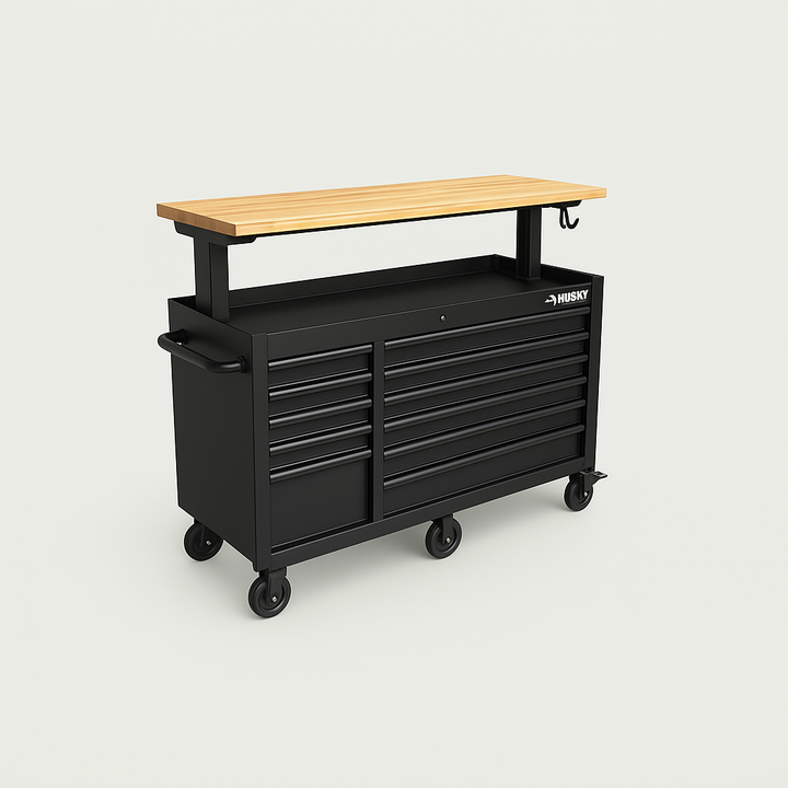 Husky Heavy-Duty 63 in. W 11-Drawer Deep Tool Chest Mobile Workbench in Matte Black with Flip-Top Stainless Steel Top