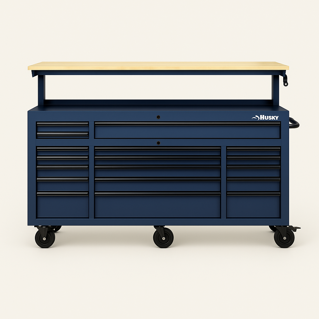 Husky 72 in. 18-Drawer Adjustable Height Mobile Workbench with Solid Wood Top in Matte Blue