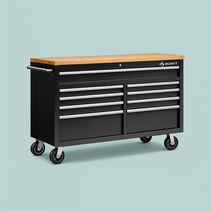 Husky 61 in. W 10-Drawer Mobile Workbench Tool Chest in Metallic Silver