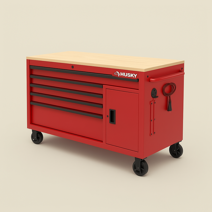 Husky 56 in. W 5-Drawer 1-Door Deep Tool Chest Mobile Workbench in Matte Red with Hardwood Top