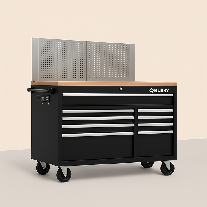 Husky 52 in. W 9-Drawer Deep Tool Chest Mobile Workbench with Pegboard, Gloss Black