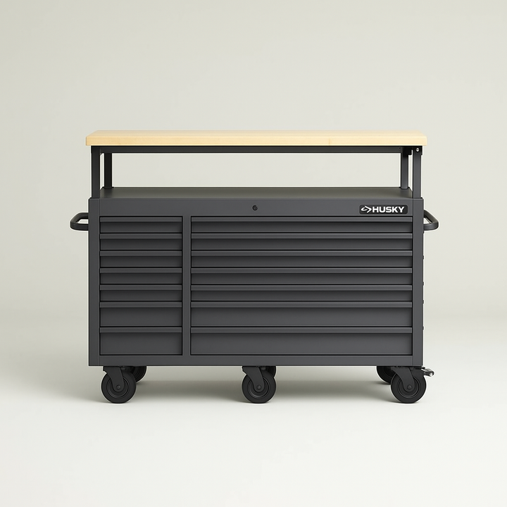 Husky 62 in. 14-Drawer Mobile Workbench with Adjustable Solid Wood Top, Gloss Black