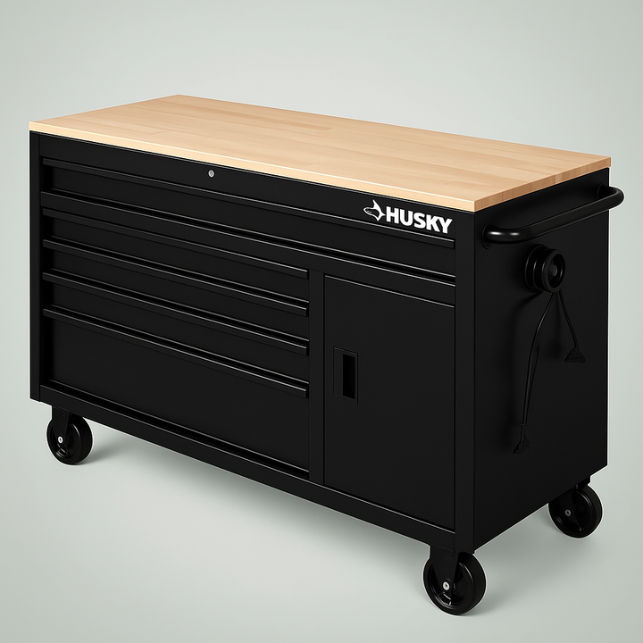 Husky 56 in. W 5-Drawer 1-Door Deep Tool Chest Mobile Workbench in Gloss Black with Hardwood Top