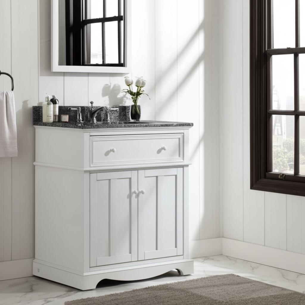 Home Decorators Collection Fremont 32" Freestanding White Bath Vanity with Grey Granite Top