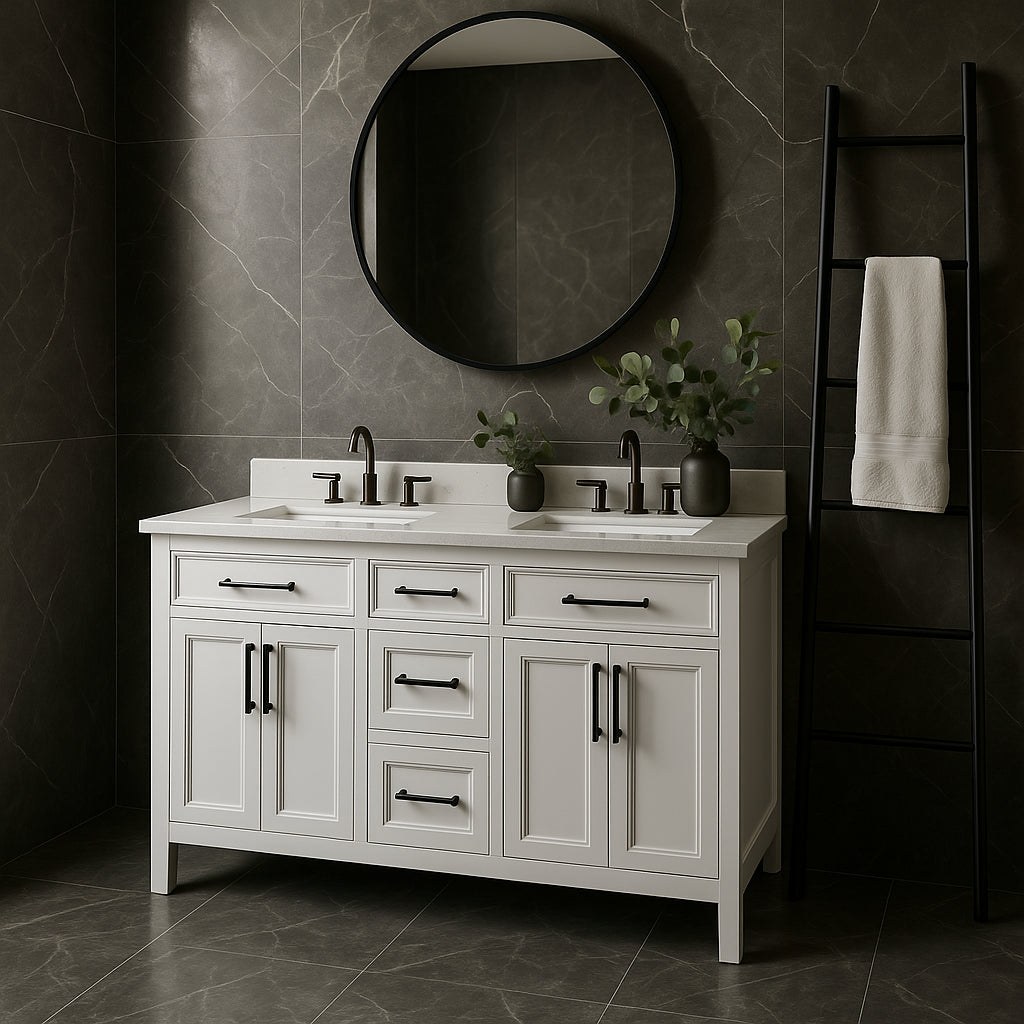 Home Decorators Collection Mayfield 60-Inch Double Sink Bathroom Vanity in White with Engineered Stone Top