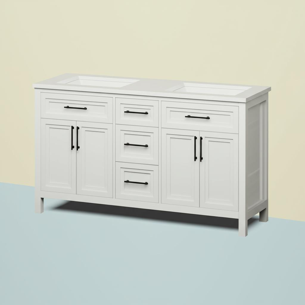 Home Decorators Collection Mayfield 60-Inch Double Sink Bathroom Vanity in White with Engineered Stone Top