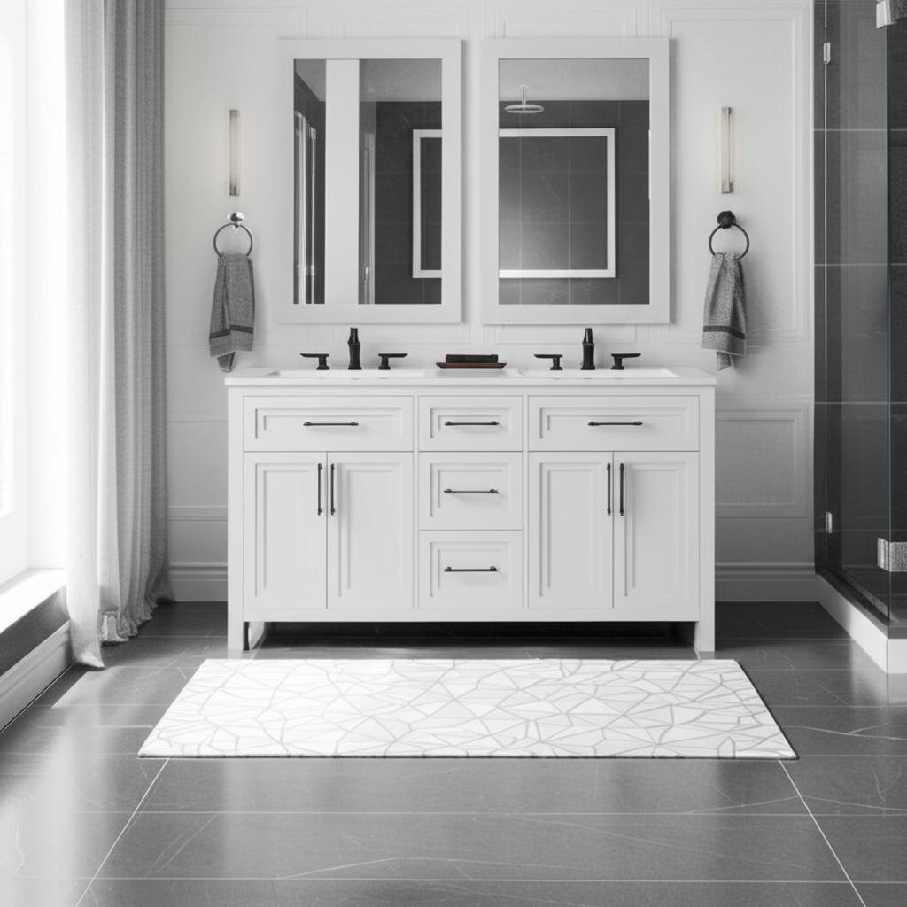 Home Decorators Collection Mayfield 60-Inch Double Sink Bathroom Vanity in White with Engineered Stone Top