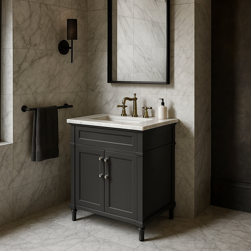 Home Decorators Collection Aberdeen 30-inch Black Bathroom Vanity with Carrara Marble Top