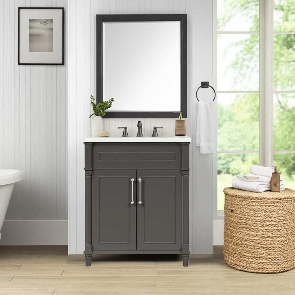 Home Decorators Collection Aberdeen 30-inch Black Bathroom Vanity with Carrara Marble Top