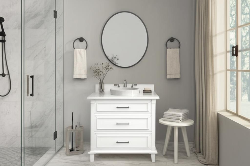 Home Decorators Collection Pinestream 36-Inch White Bathroom Vanity with Engineered Stone Top