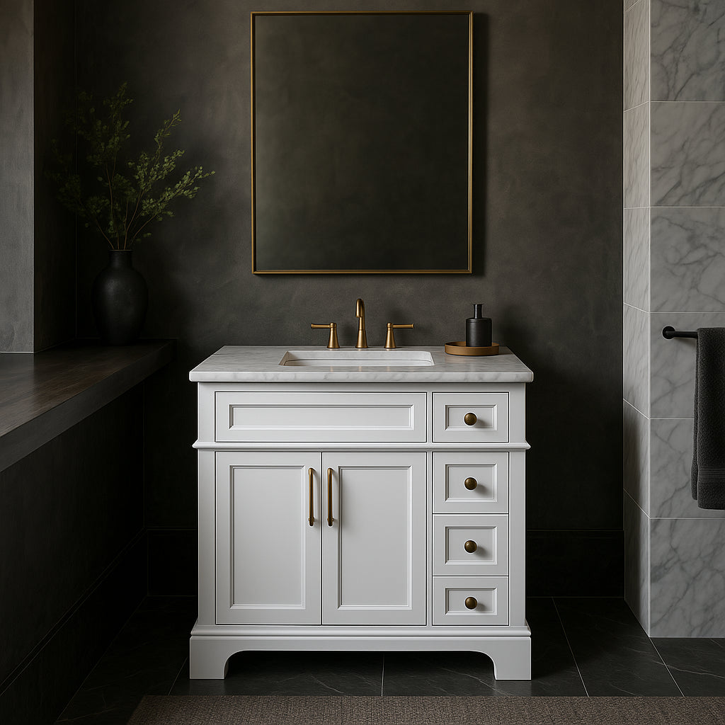 Home Decorators Collection Melpark 36 in. Single Sink White Bath Vanity with Engineered Marble Top