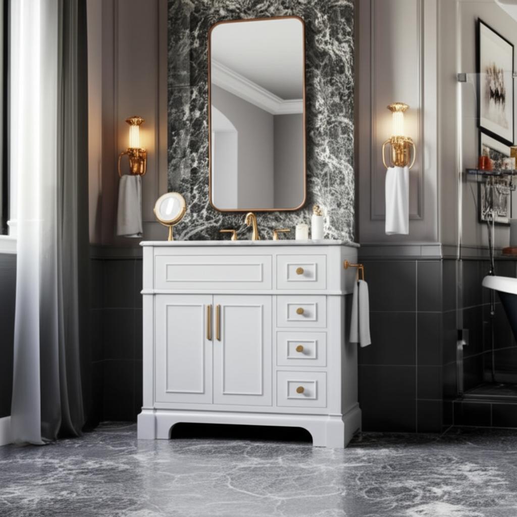 Home Decorators Collection Melpark 36 in. Single Sink White Bath Vanity with Engineered Marble Top