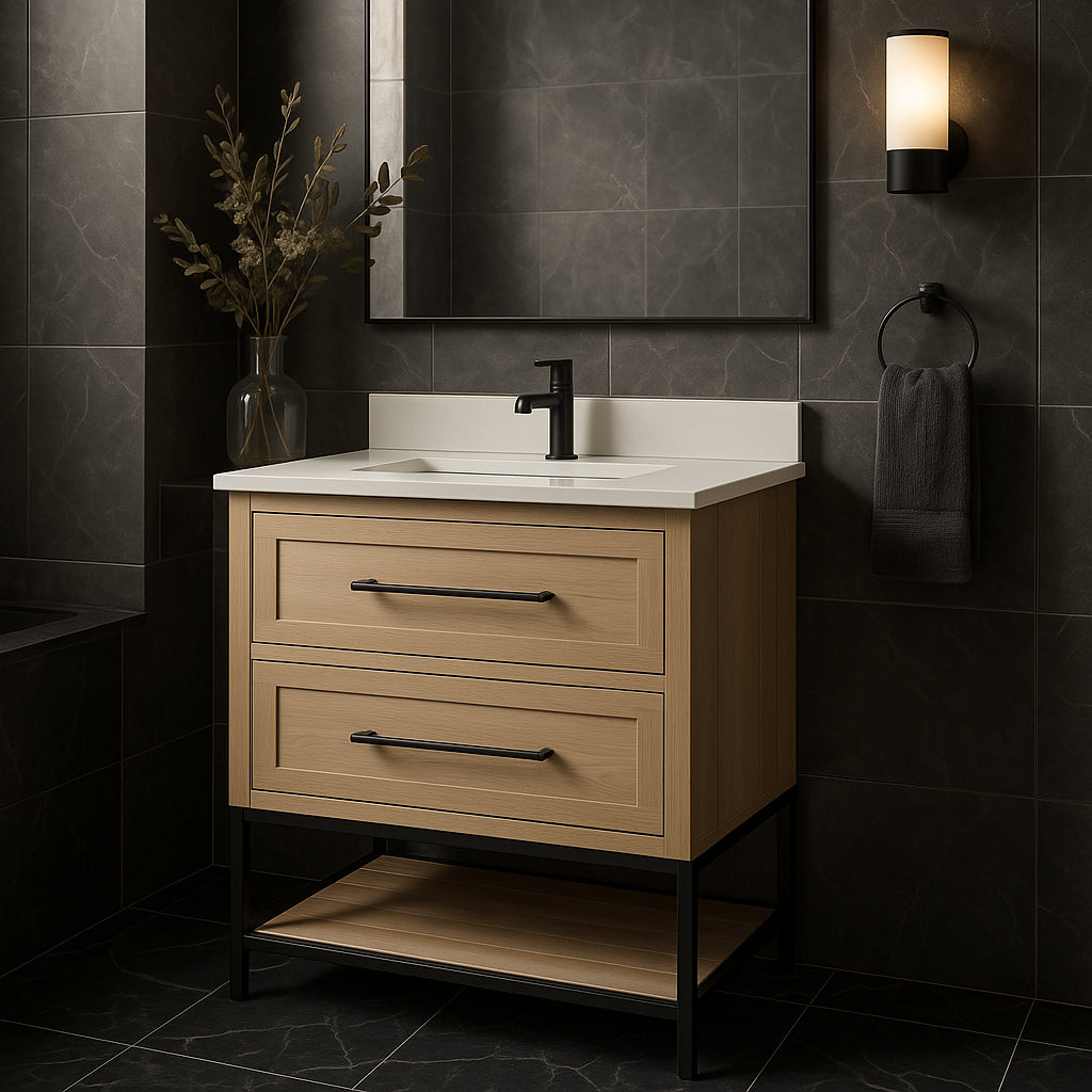 Home Decorators Collection Corley 30" Single Sink Vanity in Weathered Tan with White Engineered Stone Top
