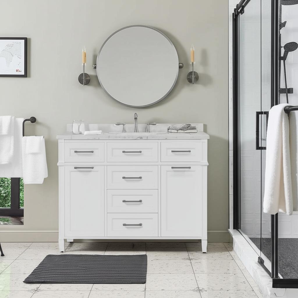 Home Decorators Collection Caville 48-inch White Bathroom Vanity with Carrara Marble Top