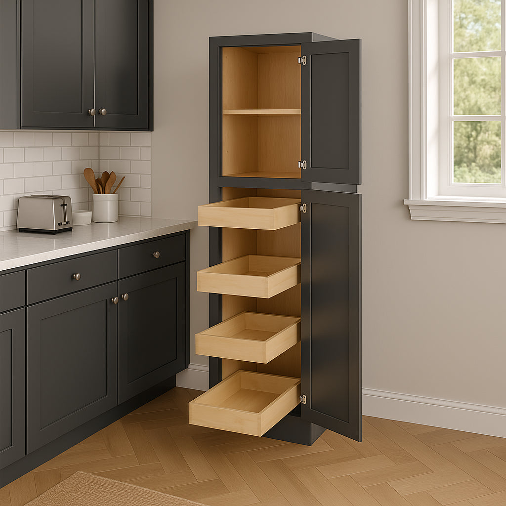 Home Decorators Collection Grayson 18 in. W x 24 in. D x 84 in. H Assembled Plywood Pantry Kitchen Cabinet in Deep Onyx