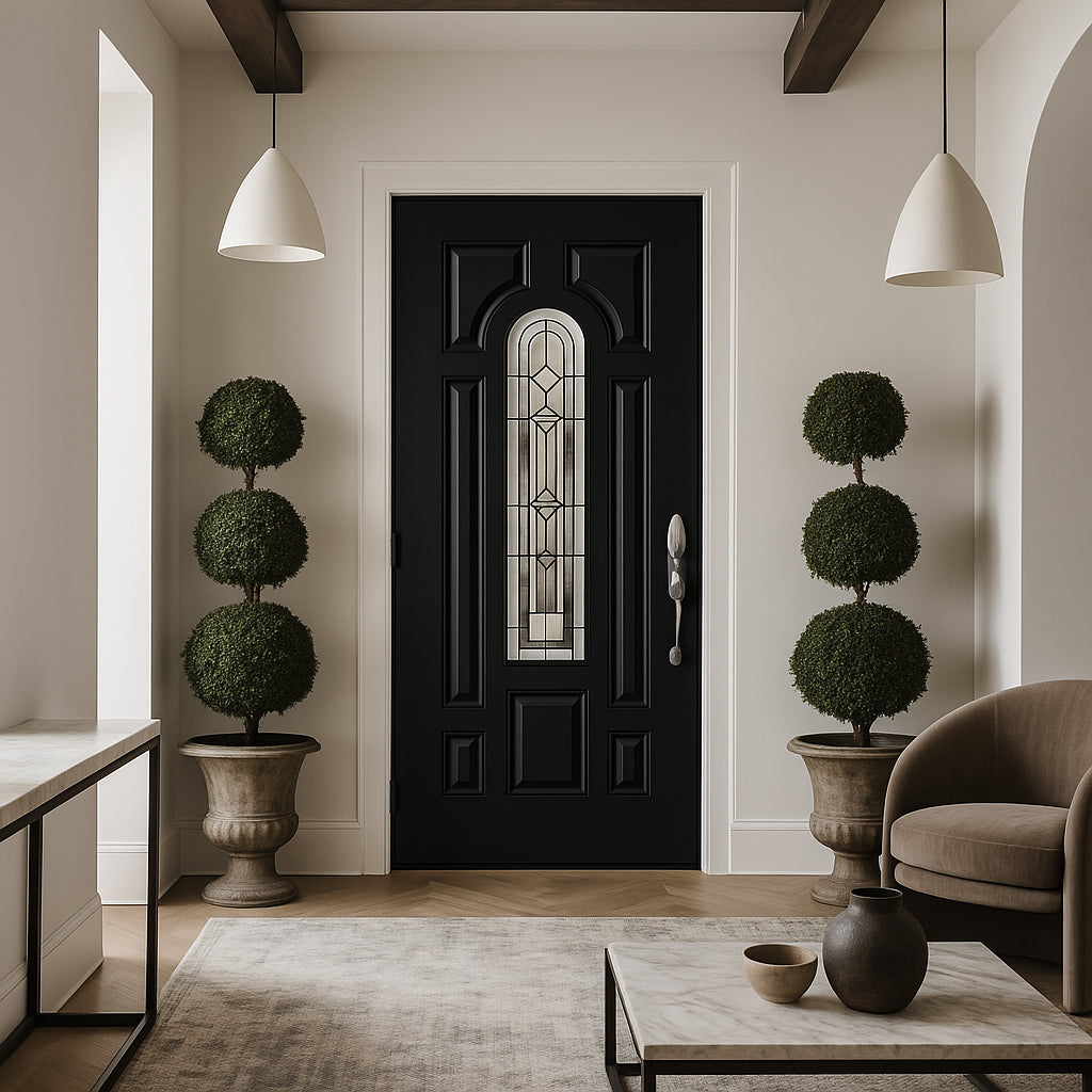 Masonite Providence Center Arch Jet Black Steel Prehung Front Door with Brickmold, Left-Hand Inswing, 36 in. x 80 in.