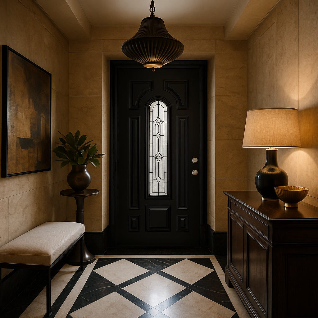 Masonite Providence Center Arch Jet Black Steel Prehung Front Door with Brickmold, Left-Hand Inswing, 36 in. x 80 in.