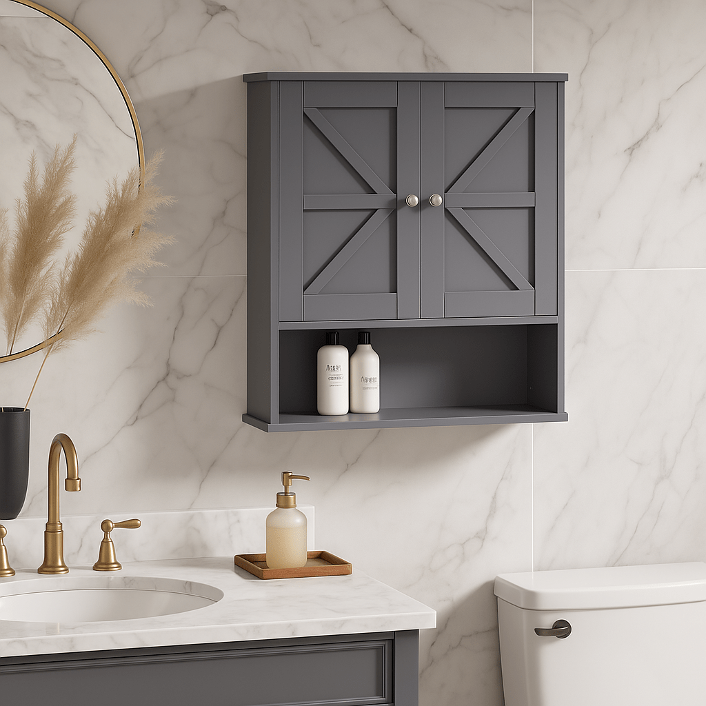 kleankin Gray Farmhouse Bathroom Wall Cabinet with Adjustable Shelf