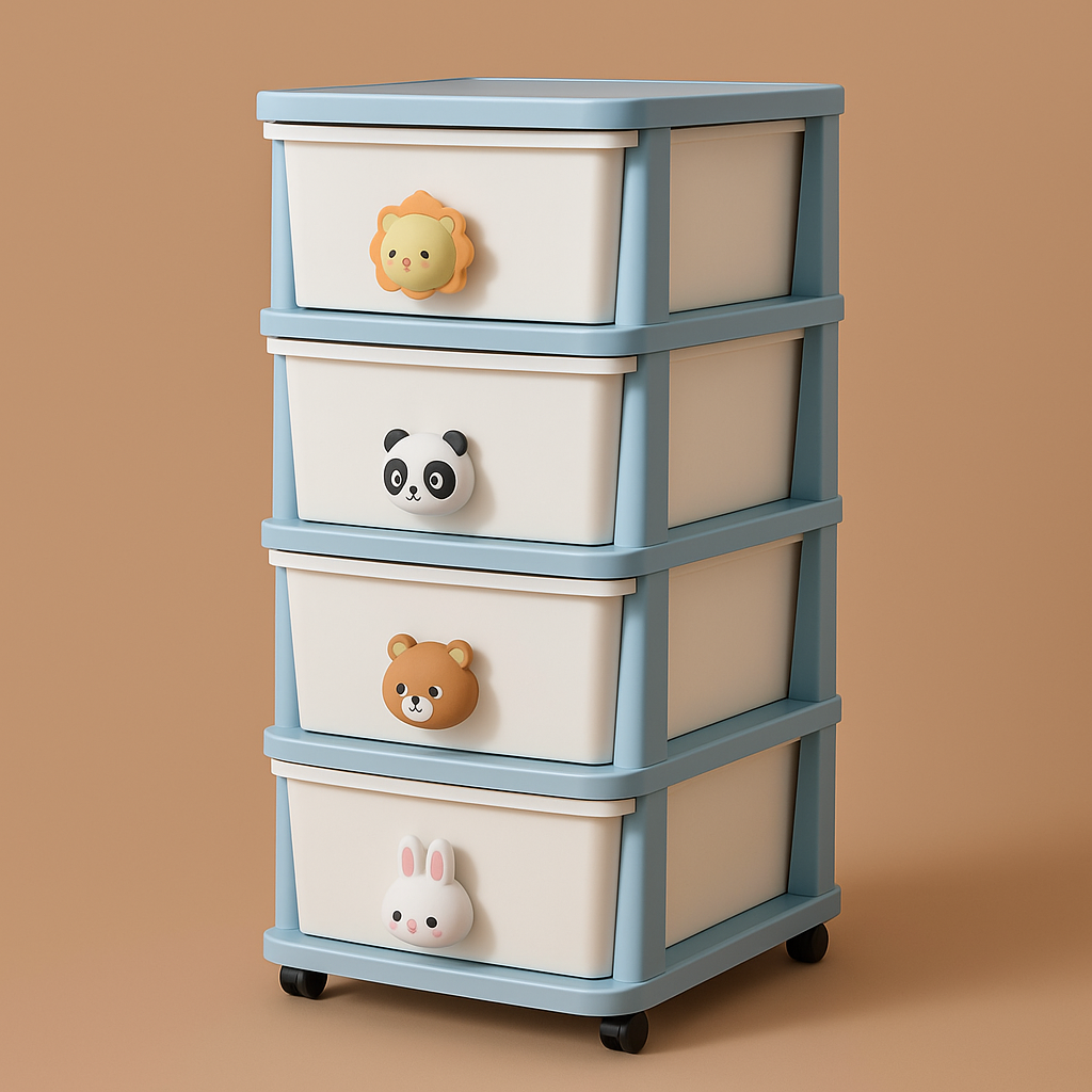FUNKOL 15.75 in. W x 13.39 in. D x 31.50 in. H White and Blue Plastic 4-Layer Floor Drawer Cabinet with Cartoon Handles