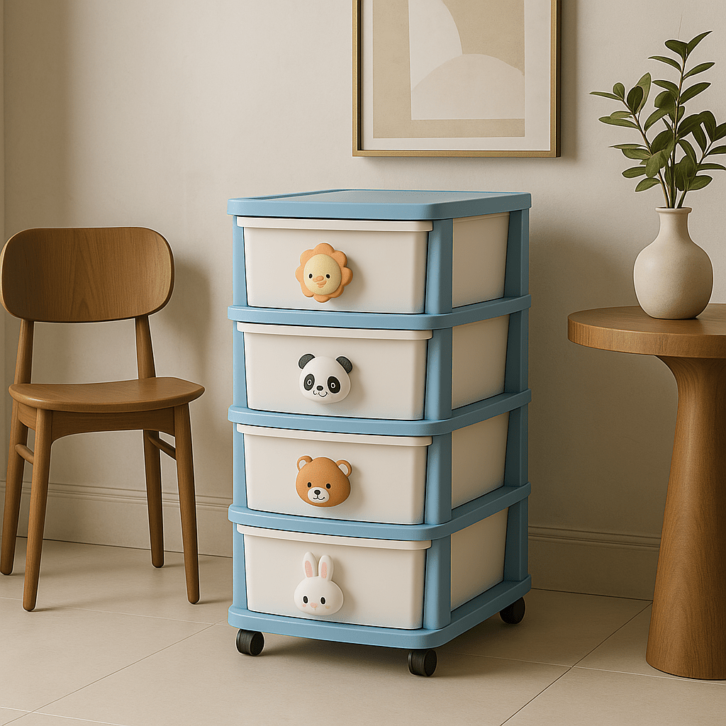 FUNKOL White Blue Plastic 4-Layer Storage Cabinet with Wheels