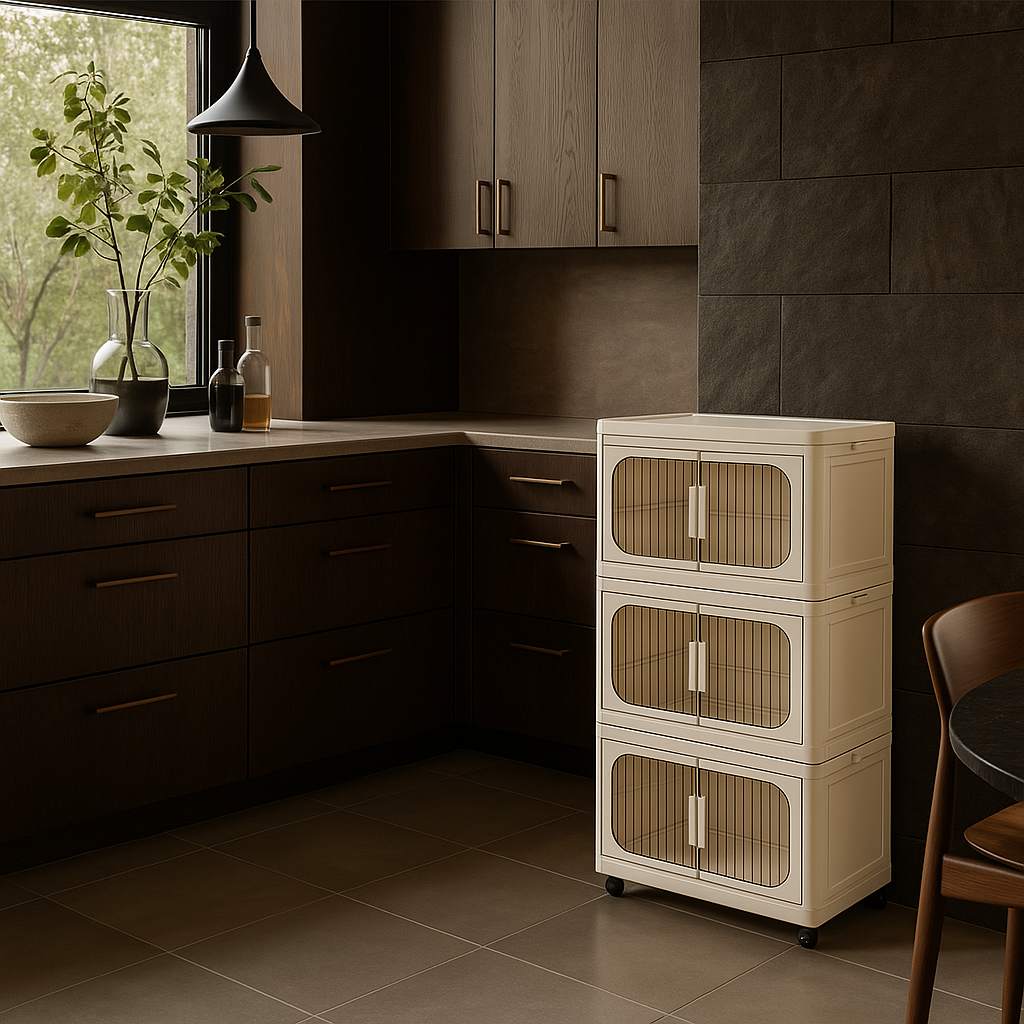 Adrinfly 19.69" Wide 3-Tier Folding Storage Cabinet with Wheels and Magnetic Door