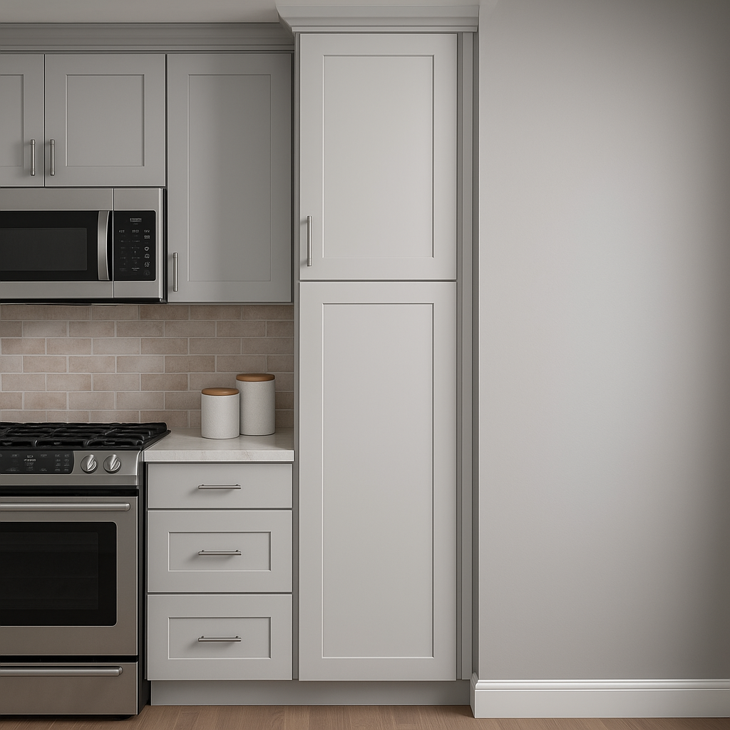 Hampton Bay Avondale Shaker Pantry Kitchen Cabinet, Dove Gray, 18x24x96