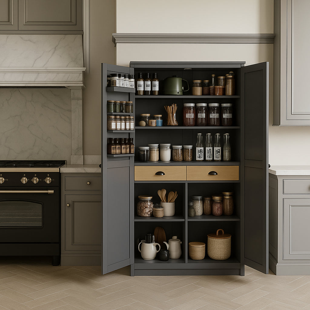 Runesay Gray MDF Kitchen Pantry Cabinet with 2 Drawers