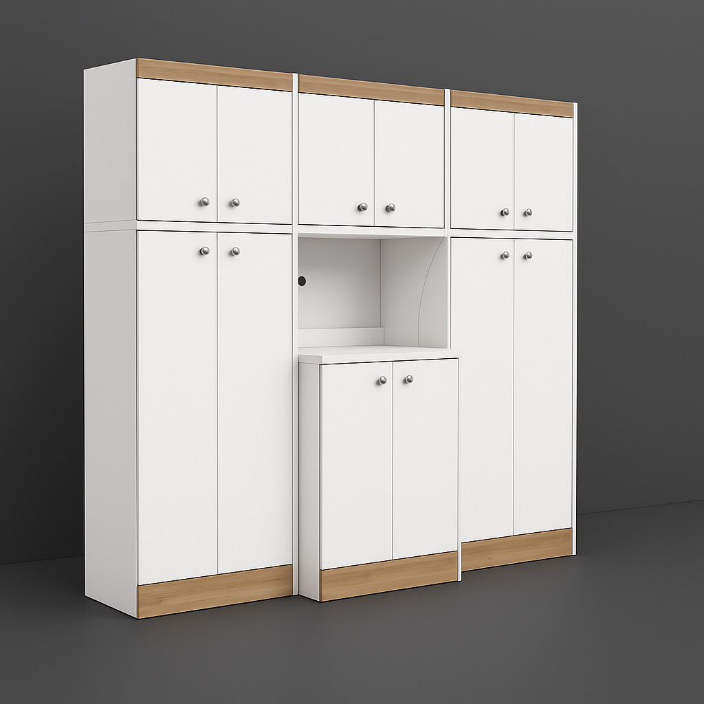 Inval Kitchen Storage Utility Cabinet in White and Vienes Oak, 3-Piece