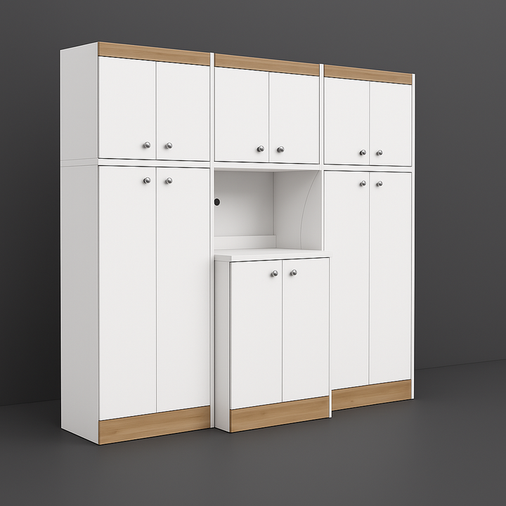 Inval Kitchen Storage Utility Cabinet in White and Vienes Oak, 3-Piece