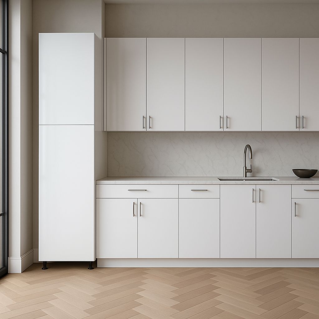 Cambridge Radiance White Gloss Slab Pantry Kitchen Cabinet, Ready to Assemble