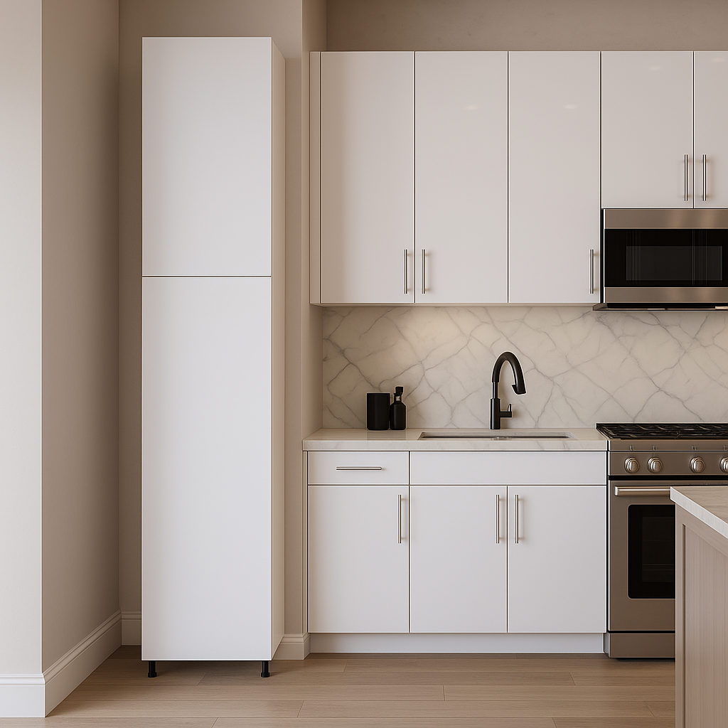 Cambridge Radiance White Gloss Slab Pantry Kitchen Cabinet, Ready to Assemble